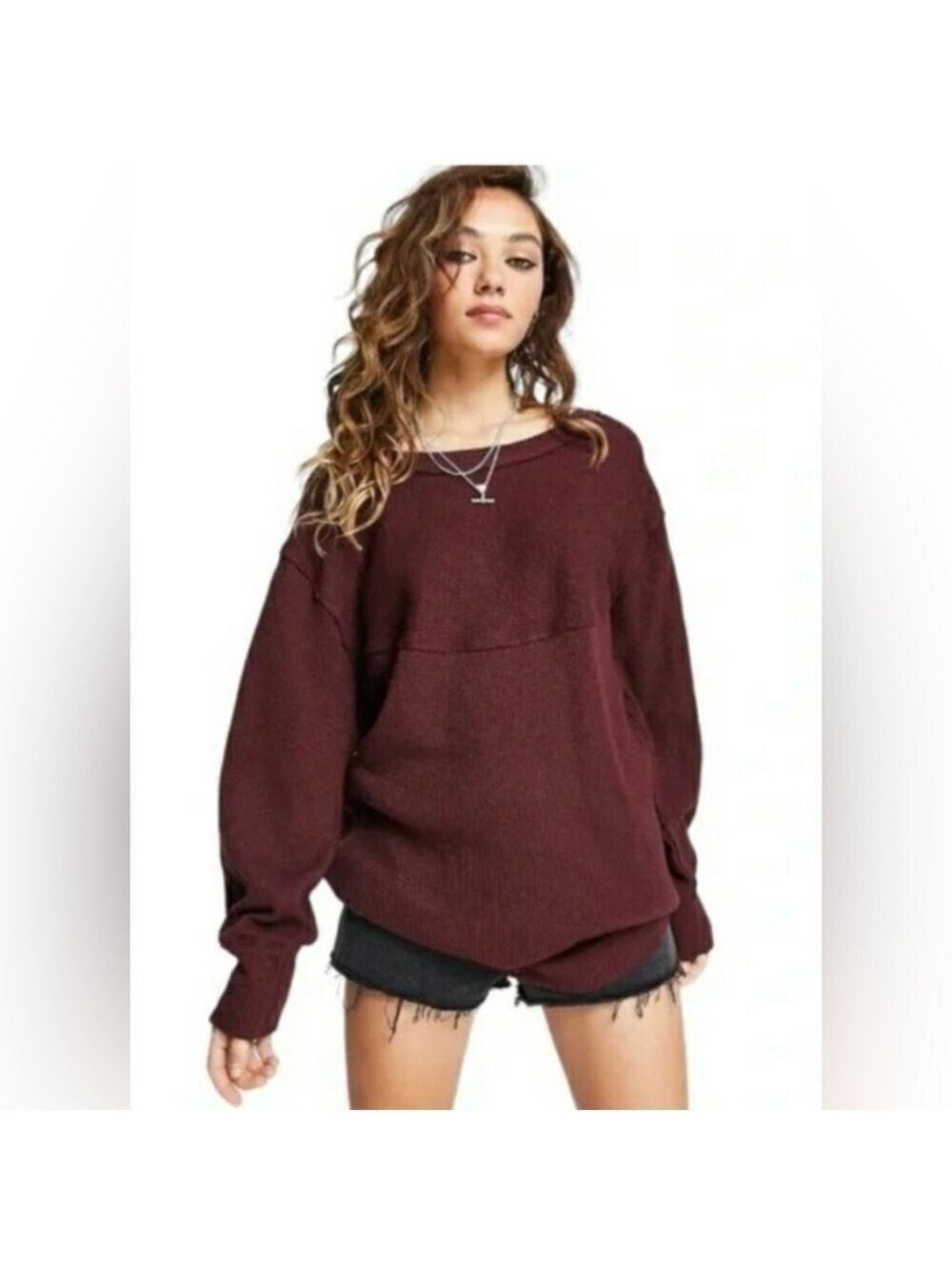 Free People OG Volume Sleeve Thermal Pullover Sweater Cherry Cola XS We The Free